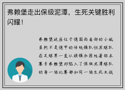 弗赖堡走出保级泥潭，生死关键胜利闪耀！